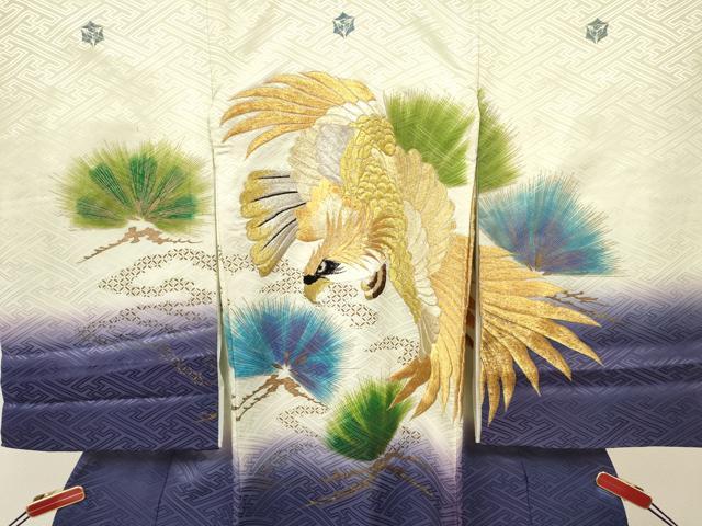 平和屋着物[]お宮参り　男の子　祝着　産着　初着　のしめ　刺繍　鷹　鷲　松文　暈し染め　金彩　逸品　DABE7105ma
