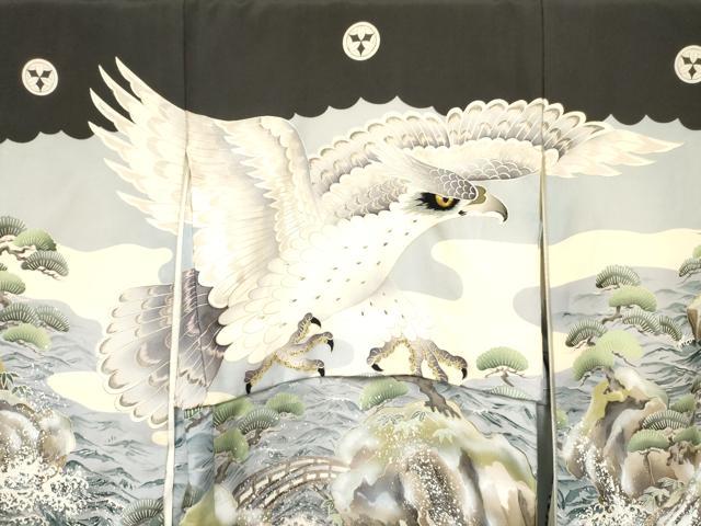 平和屋着物[]お宮参り　男の子　祝着　産着　初着　のしめ　刺繍　鷹　鷲　立波笹松文　金銀彩　逸品　DABE7106ma