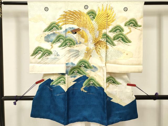 平和屋着物[]お宮参り 男の子 祝着 産着 初着 のしめ 刺繍 鷹 鷲 松文 暈し染め 金銀彩 逸品 DABE7110ma