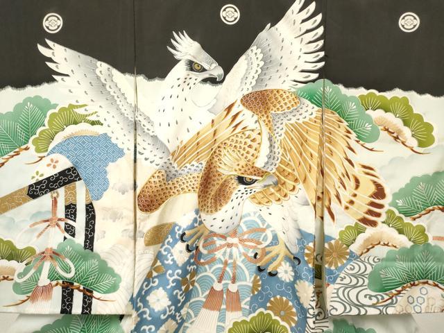 平和屋着物[]お宮参り　男の子　祝着　産着　初着　のしめ　駒刺繍　鷹　鷲　誰が袖松文　銀彩　逸品　DABE7111ma