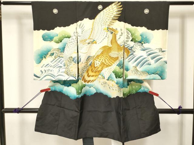 平和屋着物[]お宮参り 男の子 祝着 産着 初着 のしめ 刺繍 鷹 鷲 立波松文 金彩 逸品 DABE7112ma