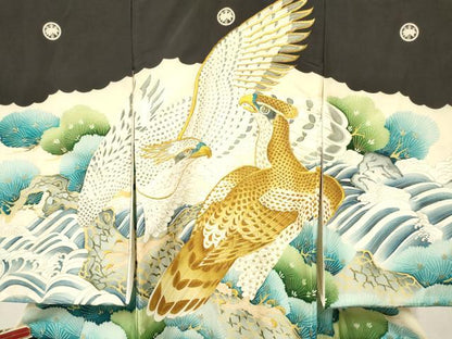 平和屋着物[]お宮参り　男の子　祝着　産着　初着　のしめ　刺繍　鷹　鷲　立波松文　金彩　逸品　DABE7112ma