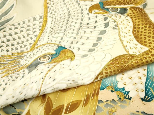 平和屋着物[]お宮参り　男の子　祝着　産着　初着　のしめ　刺繍　鷹　鷲　立波松文　金彩　逸品　DABE7112ma