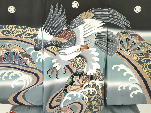 平和屋着物[]お宮参り　男の子　祝着　産着　初着　のしめ　鷹　鷲　片輪車立波花文　暈し染め　金彩　逸品　DABE7113ma