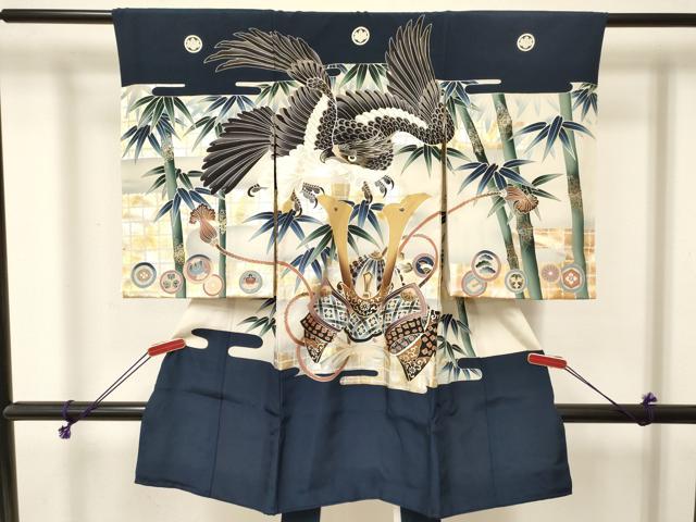平和屋着物[]お宮参り　男の子　祝着　産着　初着　のしめ　刺繍　鷹　鷲　兜　笹竹文　暈し染め　金銀彩　逸品　DABE7114ma