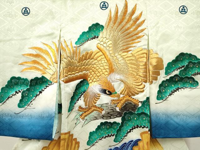 平和屋着物[]お宮参り　男の子　祝着　産着　初着　のしめ　刺繍　鷹　鷲　風景松文　暈し染め　金彩　逸品　DABE7115ma
