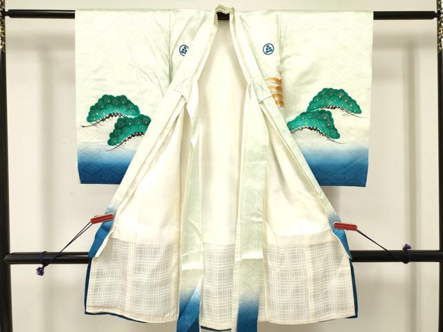 平和屋着物[]お宮参り　男の子　祝着　産着　初着　のしめ　刺繍　鷹　鷲　風景松文　暈し染め　金彩　逸品　DABE7115ma