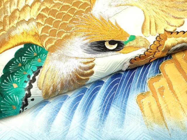 平和屋着物[]お宮参り　男の子　祝着　産着　初着　のしめ　刺繍　鷹　鷲　風景松文　暈し染め　金彩　逸品　DABE7115ma