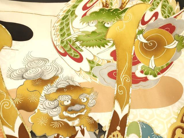 平和屋着物[]お宮参り　男の子　祝着　産着　初着　のしめ　駒刺繍　龍　唐獅子　兜　笹松文　金彩　逸品　DABE7116ma