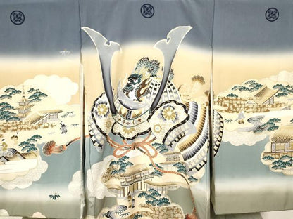 平和屋着物[]お宮参り　男の子　祝着　産着　初着　のしめ　龍　兜　人物風景文　暈し染め　金銀彩　逸品　DABE7117ma