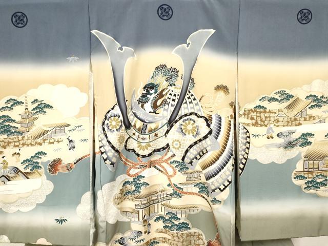 平和屋着物[]お宮参り　男の子　祝着　産着　初着　のしめ　龍　兜　人物風景文　暈し染め　金銀彩　逸品　DABE7117ma