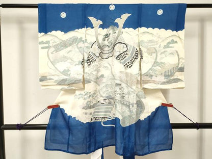 平和屋着物＊夏物 お宮参り 男の子 祝着 産着 初着 のしめ 絽 龍 兜 絵巻風景文 銀彩 逸品 DABE7118ma