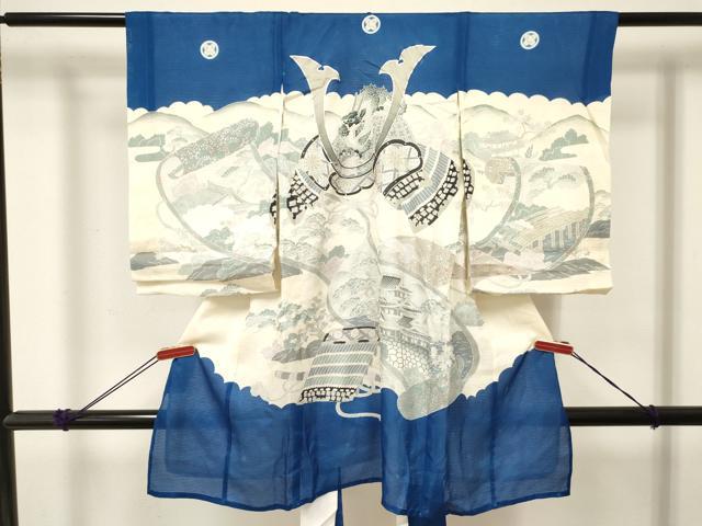 平和屋着物＊夏物 お宮参り 男の子 祝着 産着 初着 のしめ 絽 龍 兜 絵巻風景文 銀彩 逸品 DABE7118ma