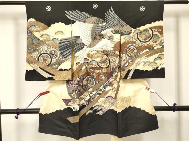 平和屋着物[]お宮参り　男の子　祝着　産着　初着　のしめ　鷹　鷲　吉祥飛鶴花文　金彩　逸品　DABE7124ma
