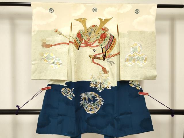 平和屋着物[]お宮参り　男の子　祝着　産着　初着　のしめ　刺繍　唐獅子　兜　笹竹花文　金銀彩　逸品　DABE7126ma