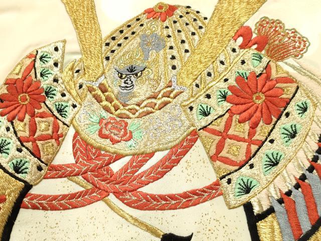 平和屋着物[]お宮参り　男の子　祝着　産着　初着　のしめ　刺繍　唐獅子　兜　笹竹花文　金銀彩　逸品　DABE7126ma