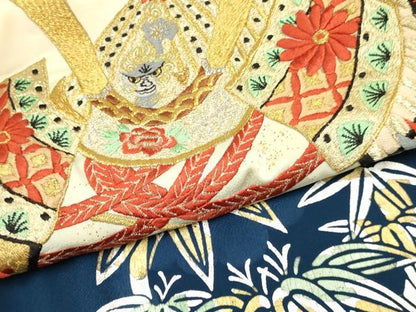 平和屋着物[]お宮参り　男の子　祝着　産着　初着　のしめ　刺繍　唐獅子　兜　笹竹花文　金銀彩　逸品　DABE7126ma
