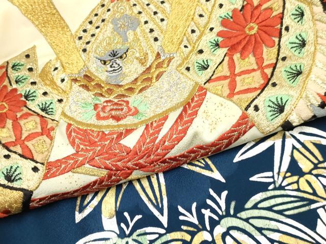 平和屋着物[]お宮参り　男の子　祝着　産着　初着　のしめ　刺繍　唐獅子　兜　笹竹花文　金銀彩　逸品　DABE7126ma
