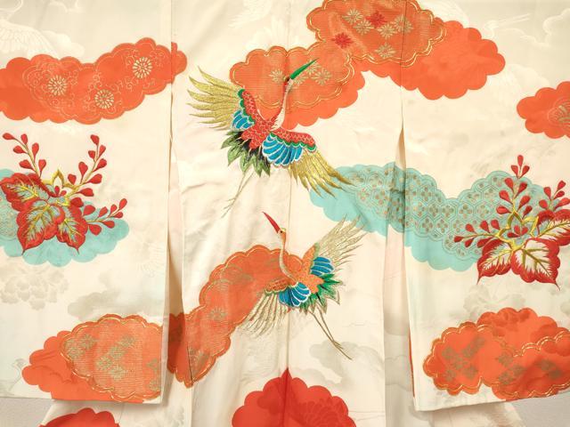 平和屋着物[]お宮参り　女の子　祝着　産着　初着　のしめ　駒刺繍　雲取り飛鶴花文　金彩　逸品　DABE7130ma