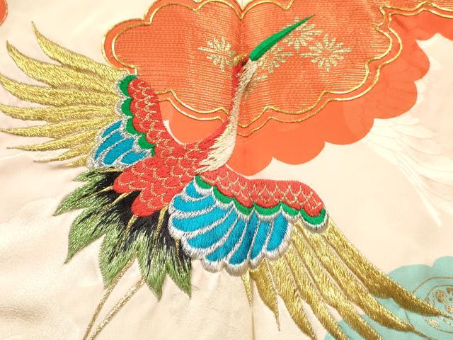 平和屋着物[]お宮参り　女の子　祝着　産着　初着　のしめ　駒刺繍　雲取り飛鶴花文　金彩　逸品　DABE7130ma