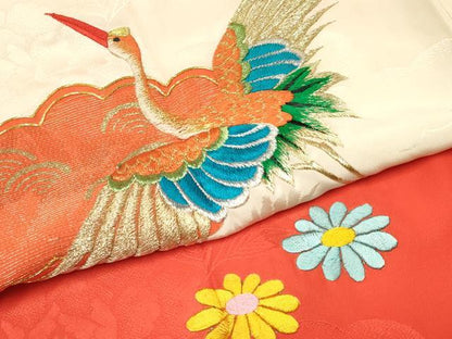 平和屋着物[]お宮参り　女の子　祝着　産着　初着　のしめ　駒刺繍　雲取り飛鶴花文　金彩　逸品　DABE7130ma