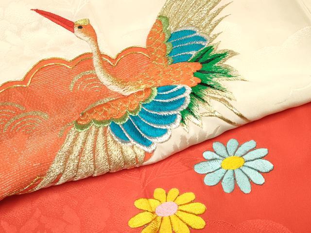平和屋着物[]お宮参り　女の子　祝着　産着　初着　のしめ　駒刺繍　雲取り飛鶴花文　金彩　逸品　DABE7130ma