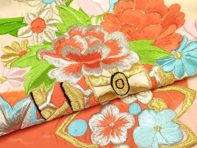 平和屋着物[]お宮参り　女の子　祝着　産着　初着　のしめ　総刺繍　花車文　暈し染め　金銀糸　逸品　DABE7131ma