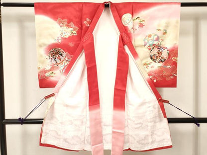平和屋着物[]お宮参り　女の子　祝着　産着　初着　のしめ　鞠花文　暈し染め　金銀彩　逸品　未使用　DABE7135ma