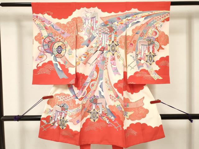 平和屋着物[]お宮参り 女の子 祝着 産着 初着 のしめ 熨斗御所車花文 暈し染め 金銀彩 逸品 DABE7141ma