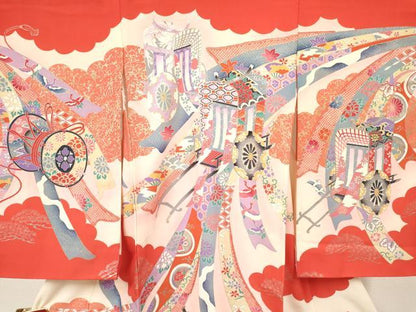 平和屋着物[]お宮参り　女の子　祝着　産着　初着　のしめ　熨斗御所車花文　暈し染め　金銀彩　逸品　DABE7141ma