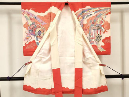 平和屋着物[]お宮参り　女の子　祝着　産着　初着　のしめ　熨斗御所車花文　暈し染め　金銀彩　逸品　DABE7141ma