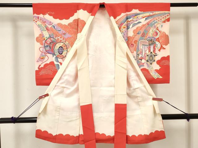 平和屋着物[]お宮参り　女の子　祝着　産着　初着　のしめ　熨斗御所車花文　暈し染め　金銀彩　逸品　DABE7141ma