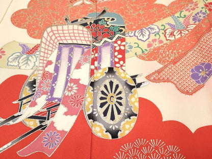 平和屋着物[]お宮参り　女の子　祝着　産着　初着　のしめ　熨斗御所車花文　暈し染め　金銀彩　逸品　DABE7141ma