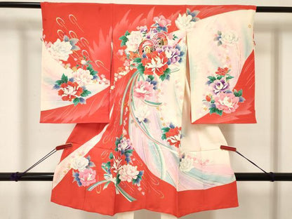 平和屋着物[]お宮参り 女の子 祝着 産着 初着 のしめ 鼓花文 暈し染め 金銀彩 逸品 DABE7142ma