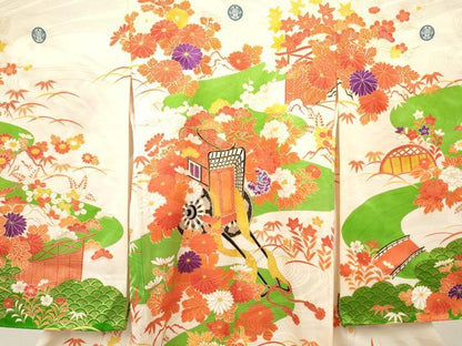 平和屋着物[]お宮参り　女の子　祝着　産着　初着　のしめ　駒刺繍　御所車籬花文　金彩　逸品　DABE7143ma