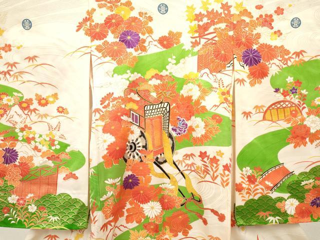 平和屋着物[]お宮参り　女の子　祝着　産着　初着　のしめ　駒刺繍　御所車籬花文　金彩　逸品　DABE7143ma