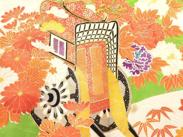 平和屋着物[]お宮参り　女の子　祝着　産着　初着　のしめ　駒刺繍　御所車籬花文　金彩　逸品　DABE7143ma