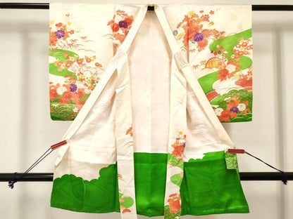平和屋着物[]お宮参り　女の子　祝着　産着　初着　のしめ　駒刺繍　御所車籬花文　金彩　逸品　DABE7143ma