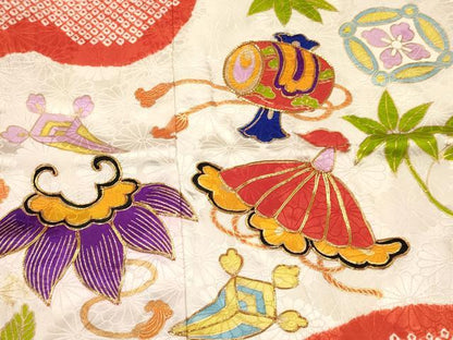 平和屋着物[]七五三　女の子　７歳　祝着　四つ身　駒刺繍　絞り　宝尽くし文　金彩　逸品　DABE7171ma