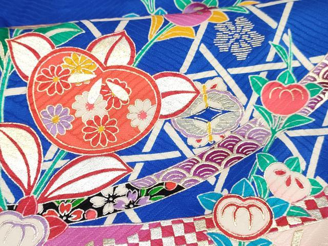 平和屋着物[]七五三　女の子　７歳　祝着　四つ身　橘　籠目花文　暈し染め　金銀彩　逸品　DABE7172ma