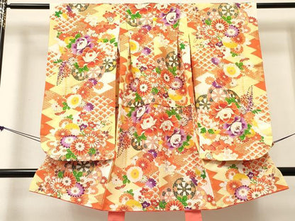 平和屋着物[]七五三　女の子　３歳　祝着　三つ身　花車文　金彩　洗える着物　DABE7177ma