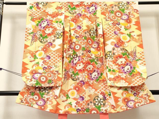 平和屋着物[]七五三　女の子　３歳　祝着　三つ身　花車文　金彩　洗える着物　DABE7177ma