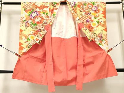 平和屋着物[]七五三　女の子　３歳　祝着　三つ身　花車文　金彩　洗える着物　DABE7177ma
