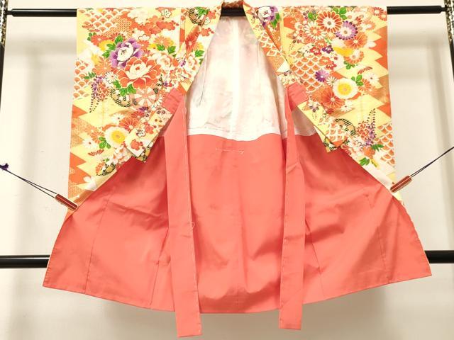 平和屋着物[]七五三　女の子　３歳　祝着　三つ身　花車文　金彩　洗える着物　DABE7177ma