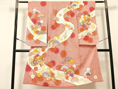 平和屋着物[]七五三　女の子　７歳　祝着　四つ身　駒刺繍　松取り飛鶴花文　暈し染め　金彩　DABE7178ma