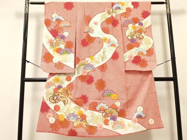 平和屋着物[]七五三　女の子　７歳　祝着　四つ身　駒刺繍　松取り飛鶴花文　暈し染め　金彩　DABE7178ma