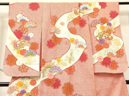 平和屋着物[]七五三　女の子　７歳　祝着　四つ身　駒刺繍　松取り飛鶴花文　暈し染め　金彩　DABE7178ma