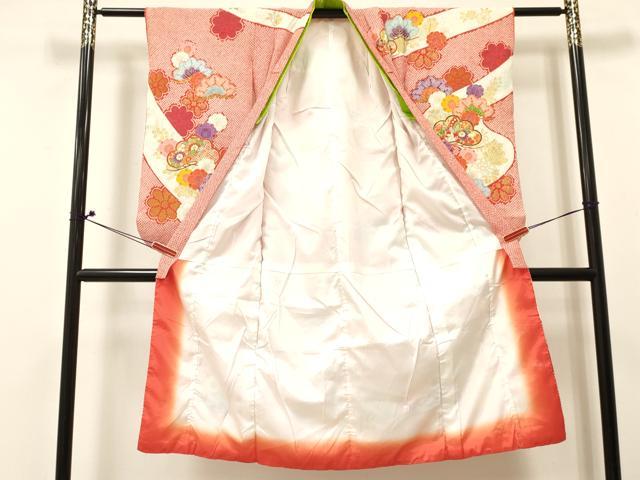 平和屋着物[]七五三　女の子　７歳　祝着　四つ身　駒刺繍　松取り飛鶴花文　暈し染め　金彩　DABE7178ma