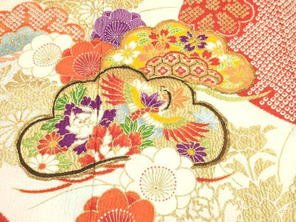 平和屋着物[]七五三　女の子　７歳　祝着　四つ身　駒刺繍　松取り飛鶴花文　暈し染め　金彩　DABE7178ma