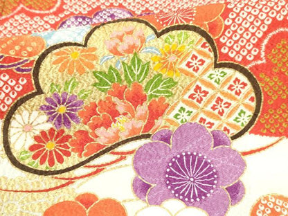 平和屋着物[]七五三　女の子　７歳　祝着　四つ身　駒刺繍　松取り飛鶴花文　暈し染め　金彩　DABE7178ma